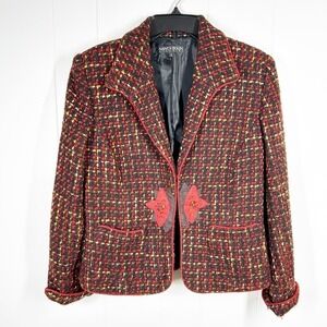 VTG Nancy Bolen City Girl Red and Black Boucle Embroidered Accent Blazer 8